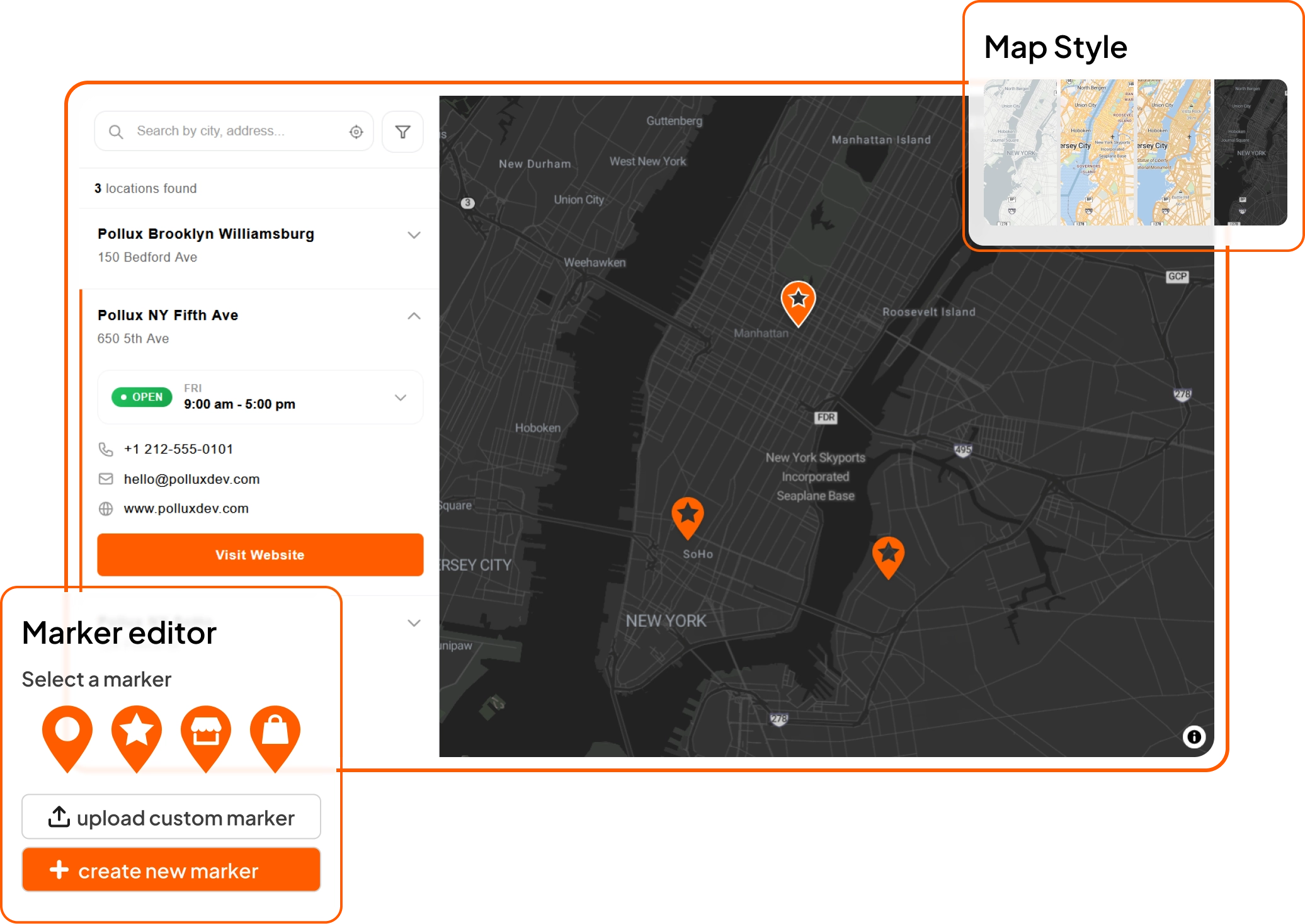 Store locator customization — custom markers, basemap styles and CSS editor