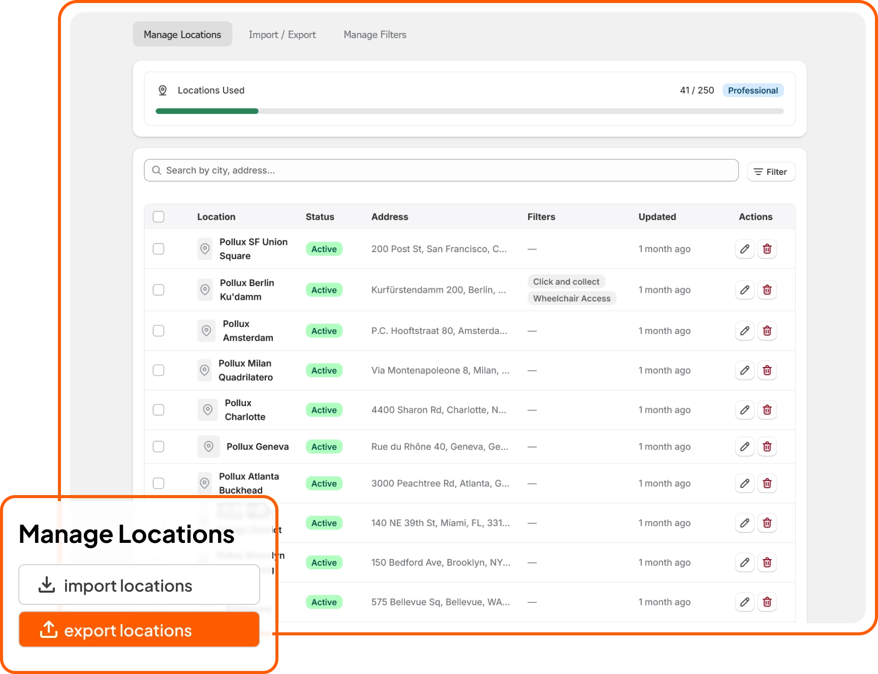 Bulk operations for managing store locations