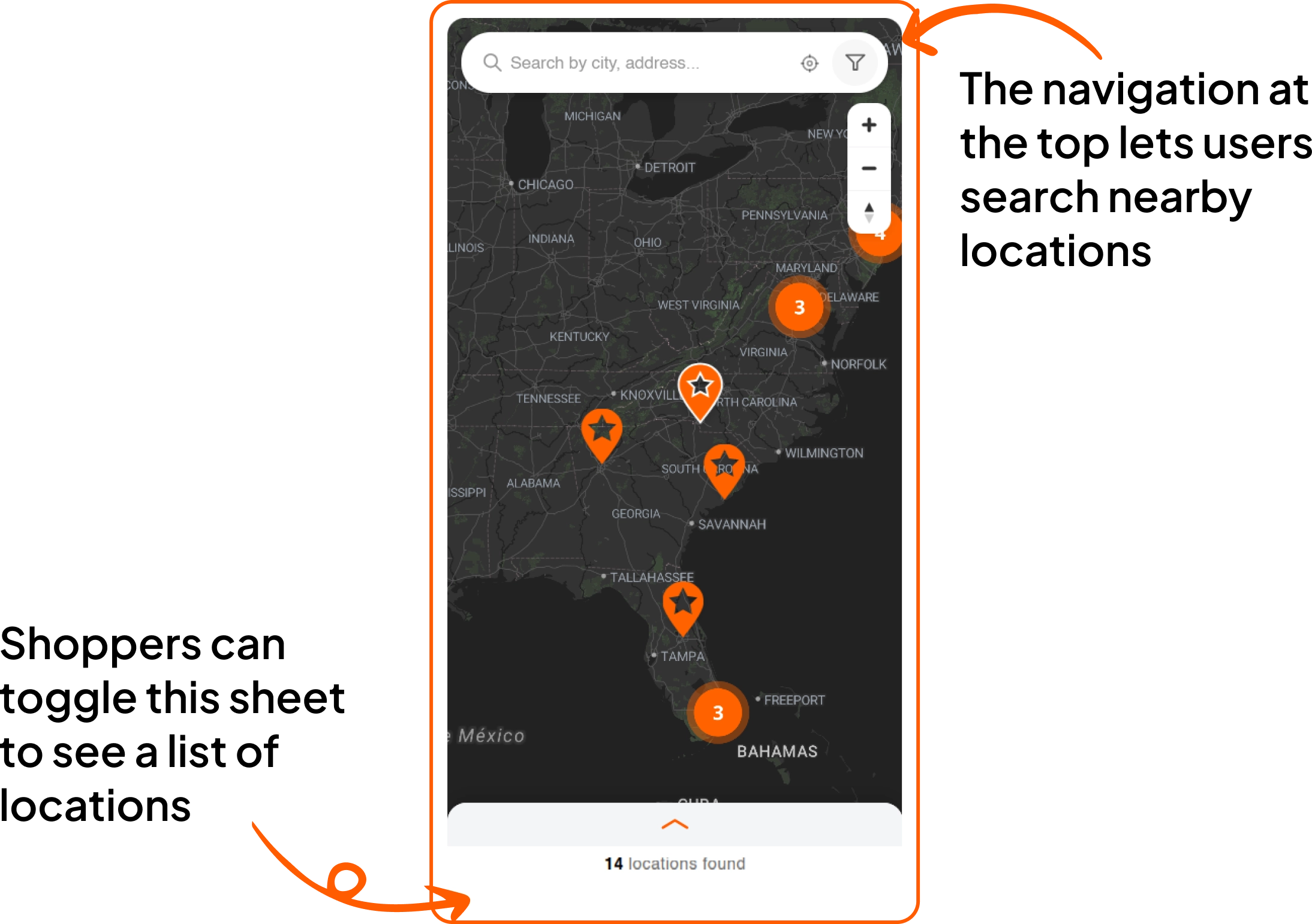 Store locator displayed on mobile, tablet, and desktop screens